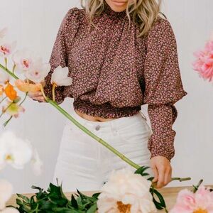 Zara Black and Pink Floral Puff Sleeve Blouse